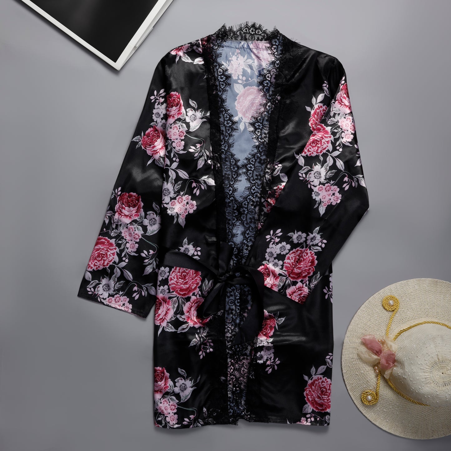 Sajiero Lily Floral Printed Silk 3pcs Nightgown set