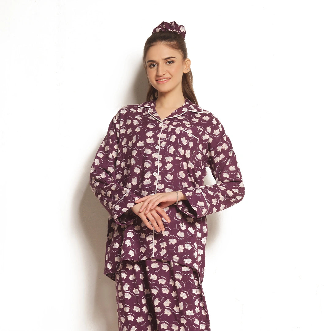 Sajiero Dusky Petals Linen Pajama Suit