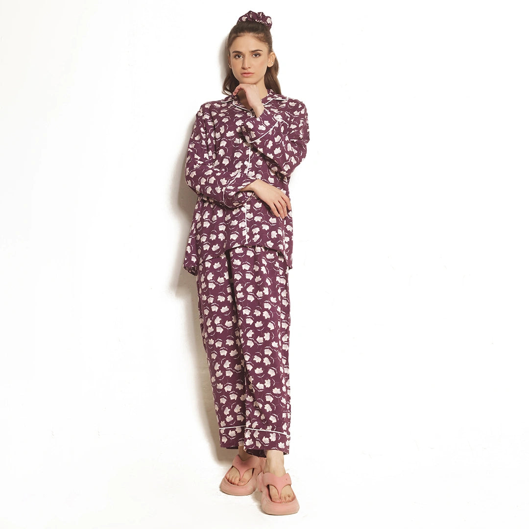 Sajiero Dusky Petals Linen Pajama Suit