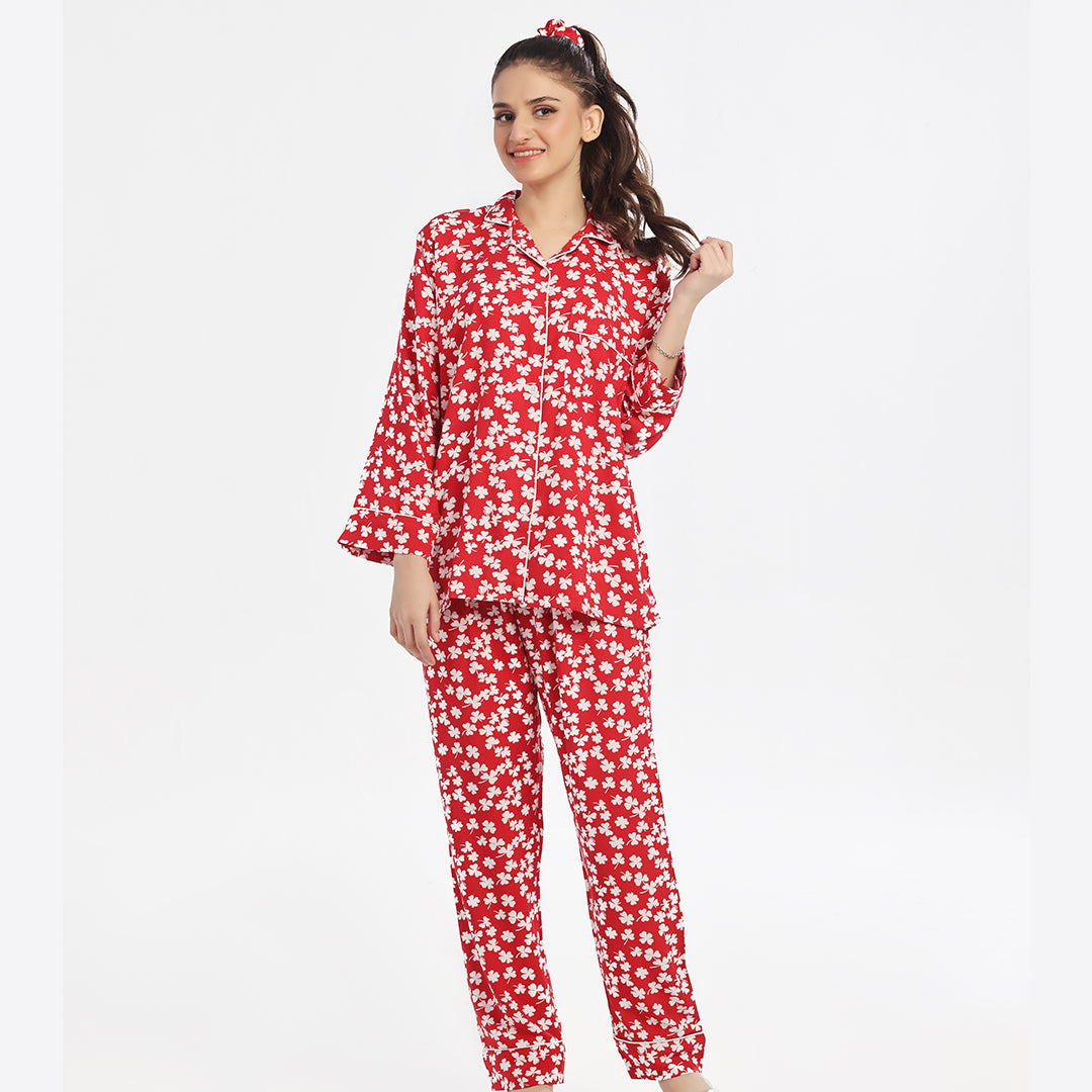 Sajiero Autumn Red Linen Pajama Suit