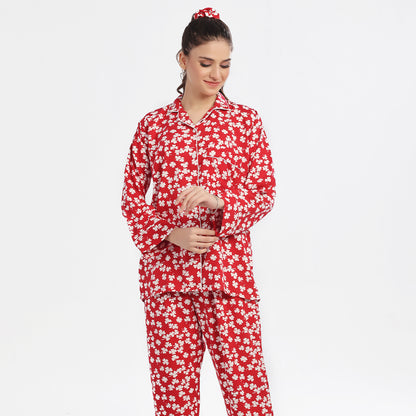 Sajiero Autumn Red Linen Pajama Suit