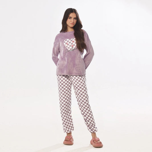 Sajiero Pink Checks Fleece Pajama Suit