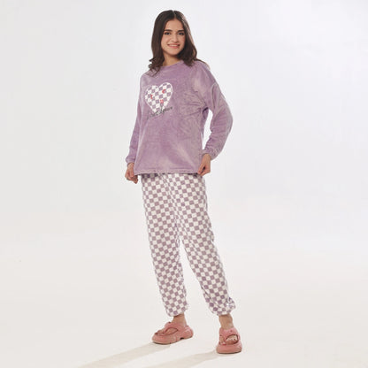 Sajiero Pink Checks Fleece Pajama Suit