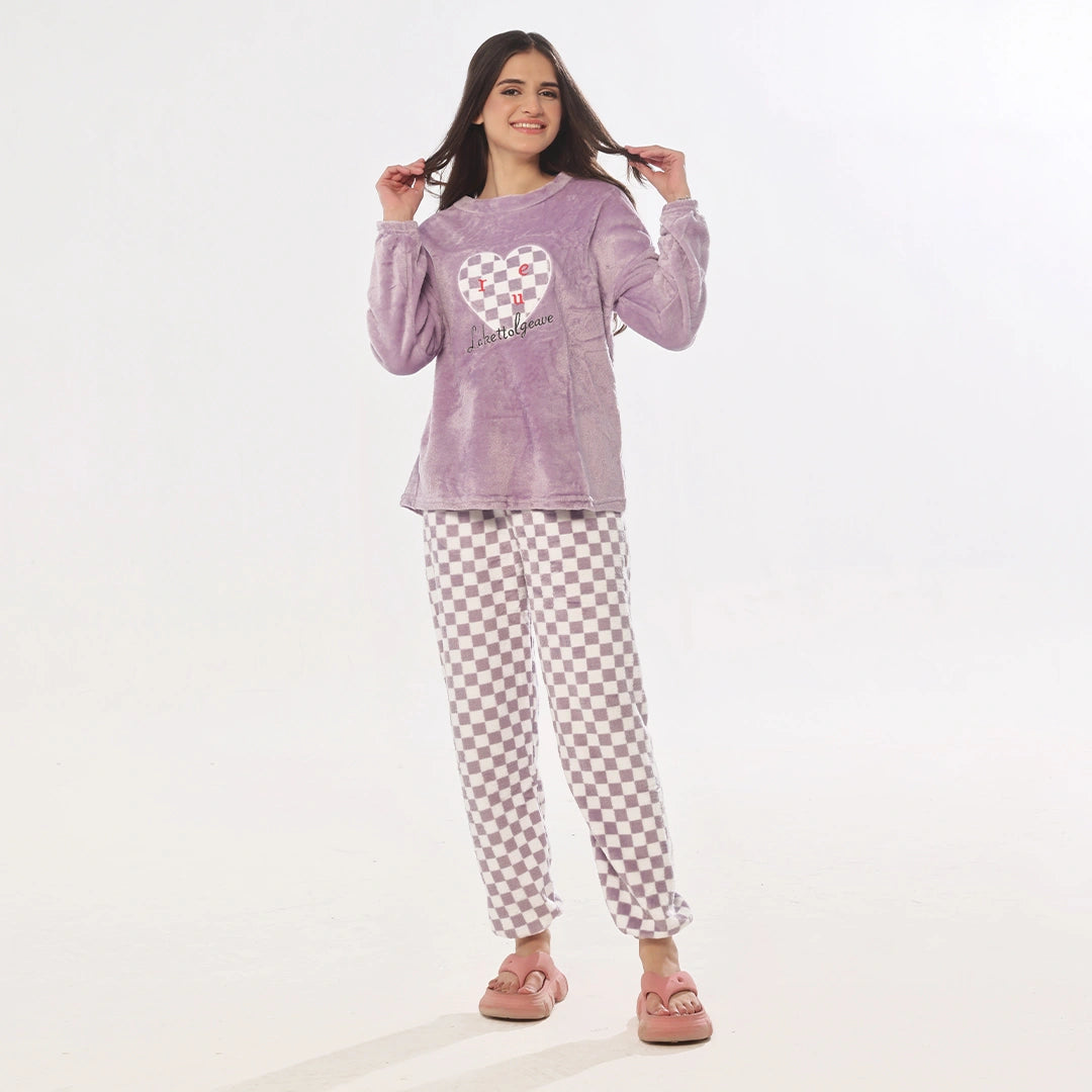 Sajiero Pink Checks Fleece Pajama Suit