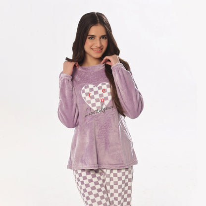 Sajiero Pink Checks Fleece Pajama Suit