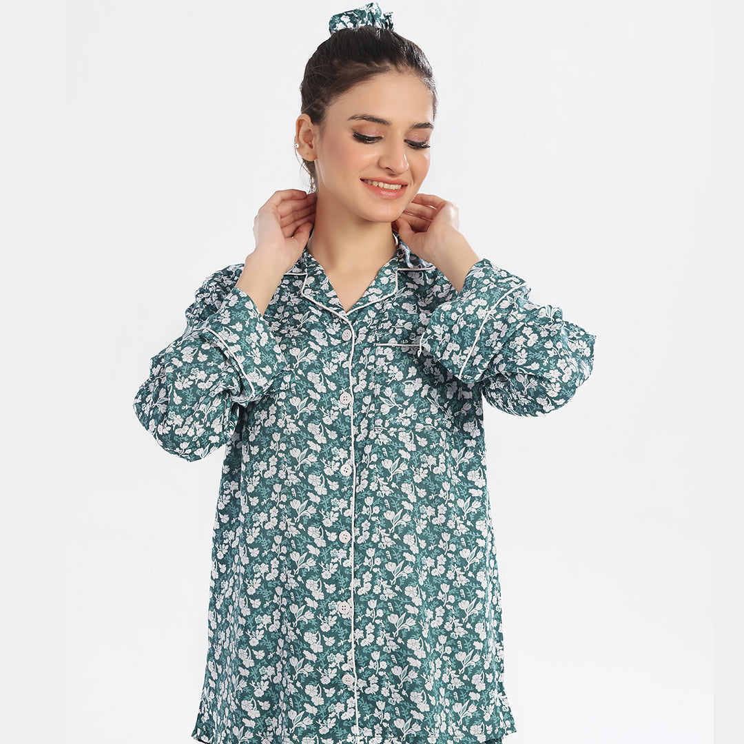 Sajiero Floral Deep Sea Green Linen Pajama Suit