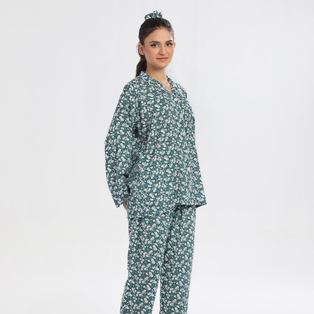 Sajiero Floral Deep Sea Green Linen Pajama Suit