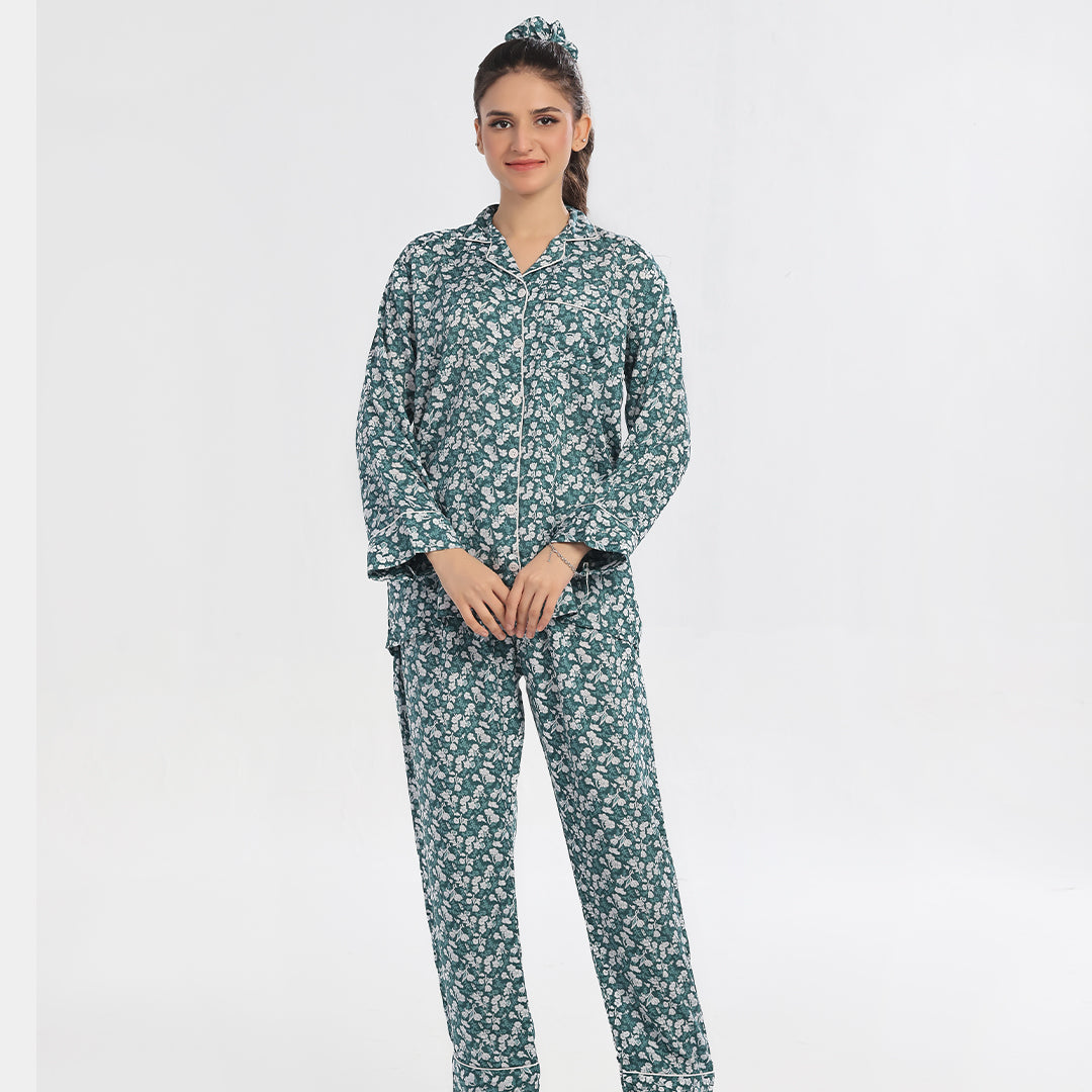 Sajiero Floral Deep Sea Green Linen Pajama Suit