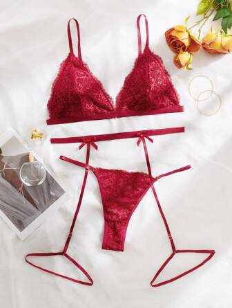 Sajiero Super Maroon Floral Embroidered Padded Bra and Panty Set