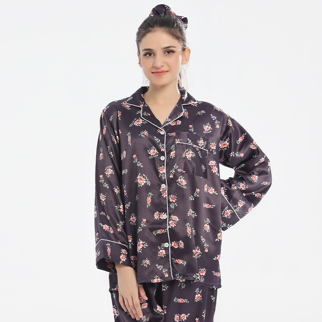 Sajiero Silk Pajama Suit - Dark Fleur