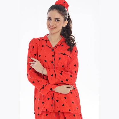 Sajiero Black Hearts Linen Pajama Suit