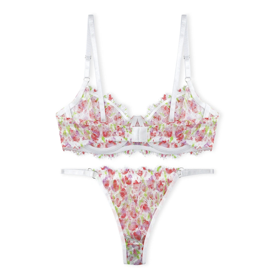 Sajiero White Floral Non Padded Bra and Panty Set