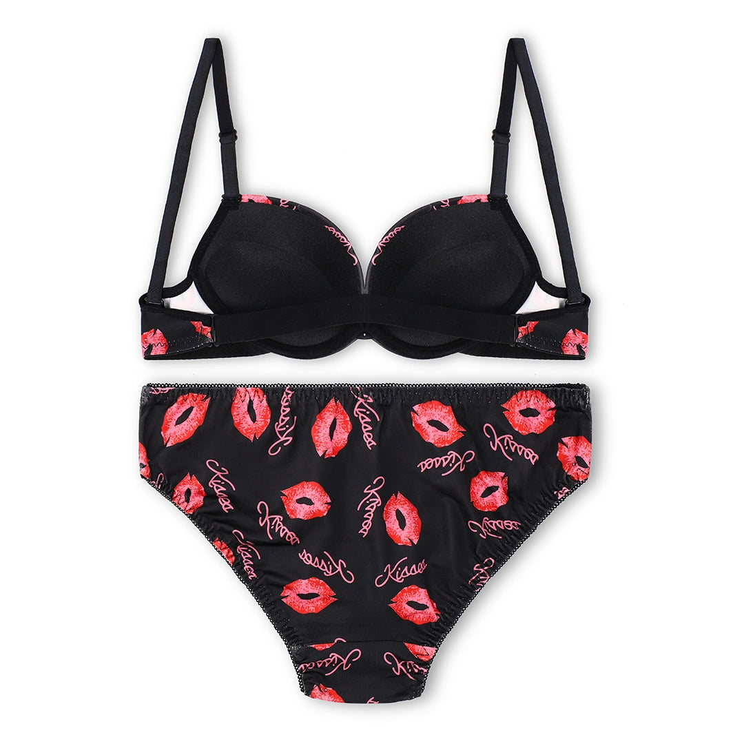 Sajiero Optic Lace Print Padded Bra and Panty Set