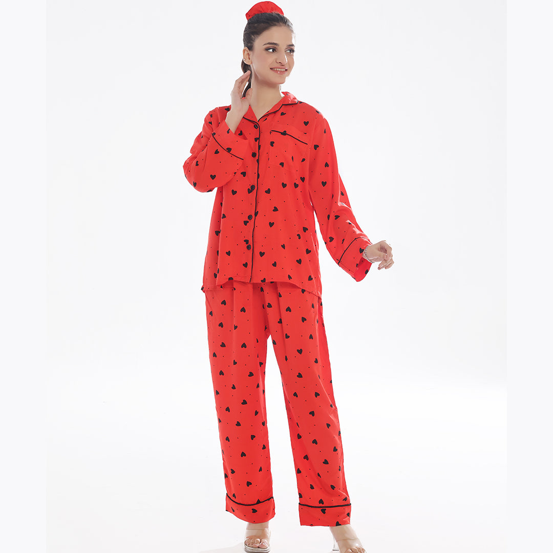 Sajiero Black Hearts Linen Pajama Suit