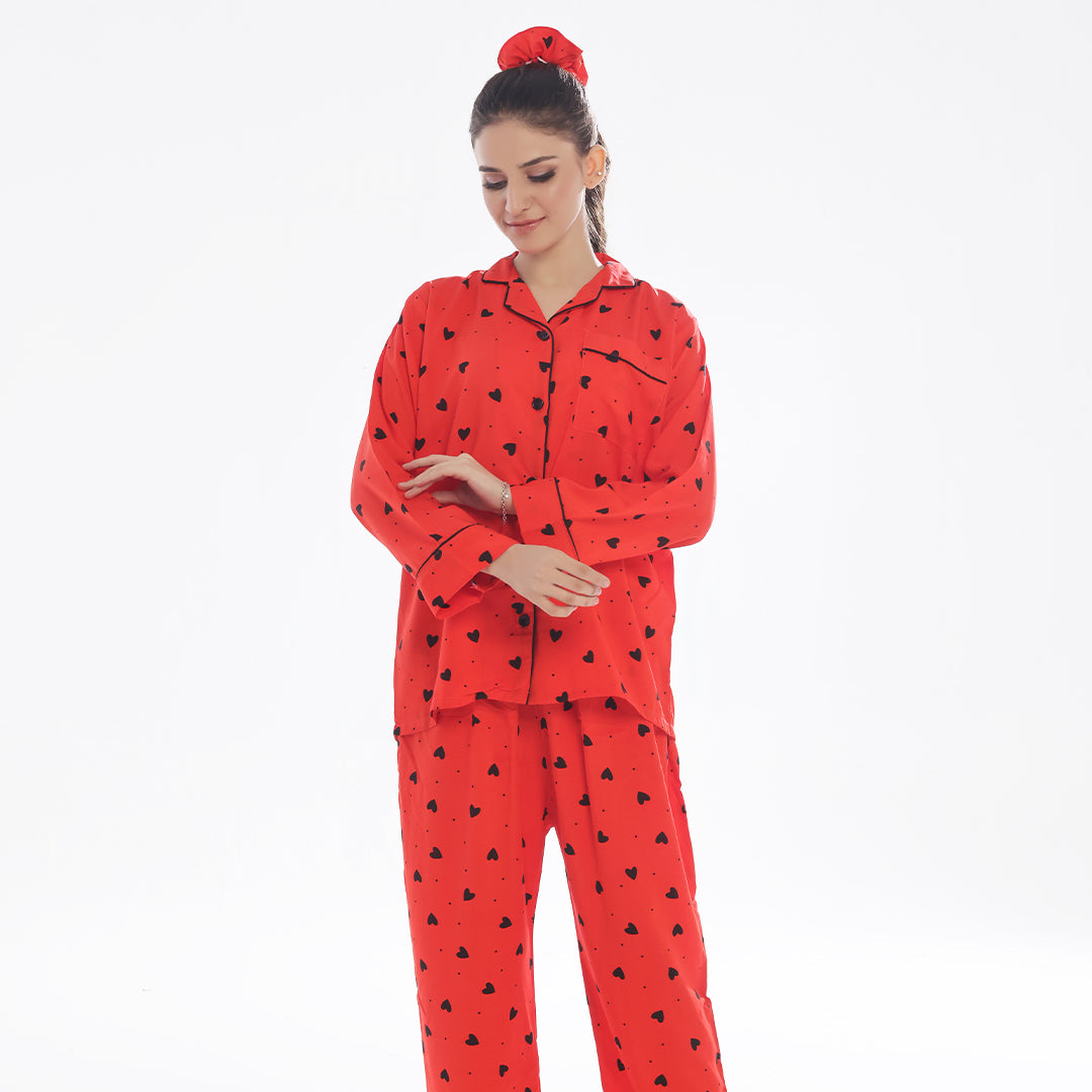 Sajiero Black Hearts Linen Pajama Suit