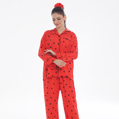 Sajiero Black Hearts Linen Pajama Suit