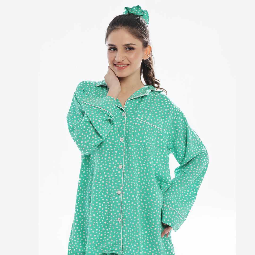 Sajiero Leafy Bloom Linen Pajama Suit