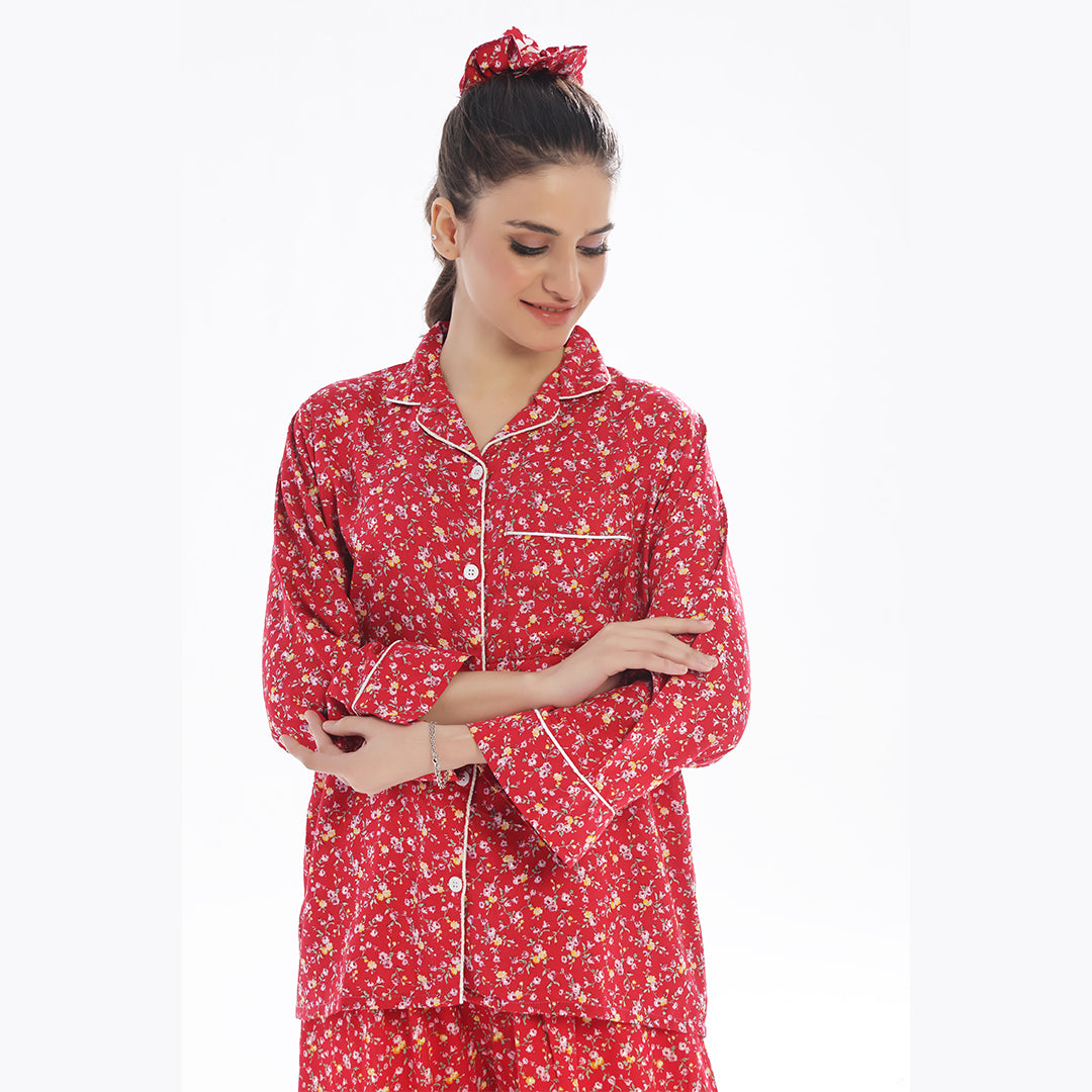 Sajiero French Red Flowers Linen Pajama Suit