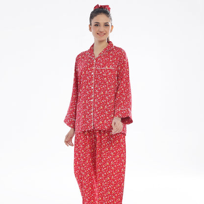 Sajiero French Red Flowers Linen Pajama Suit