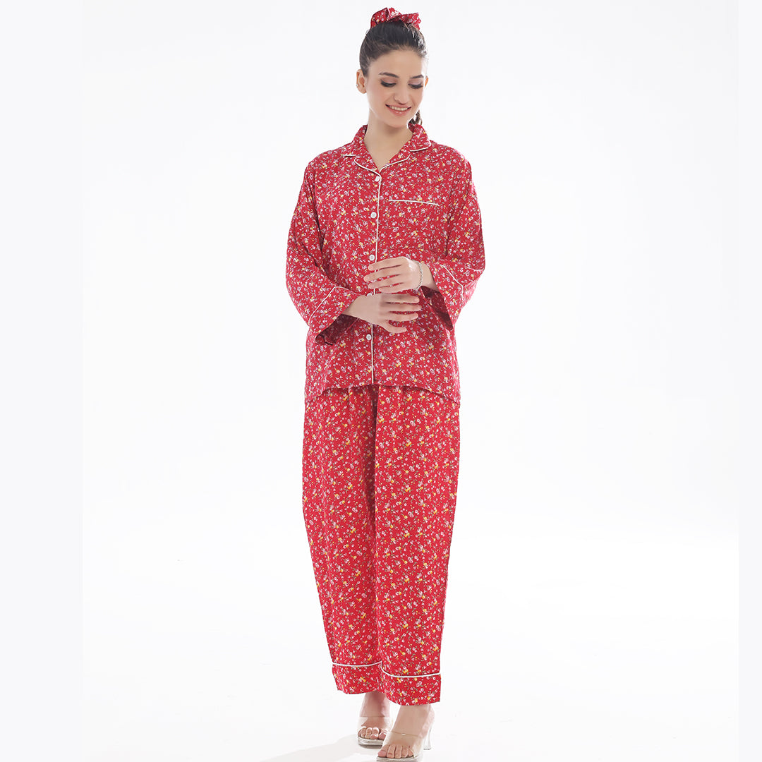 Sajiero French Red Flowers Linen Pajama Suit