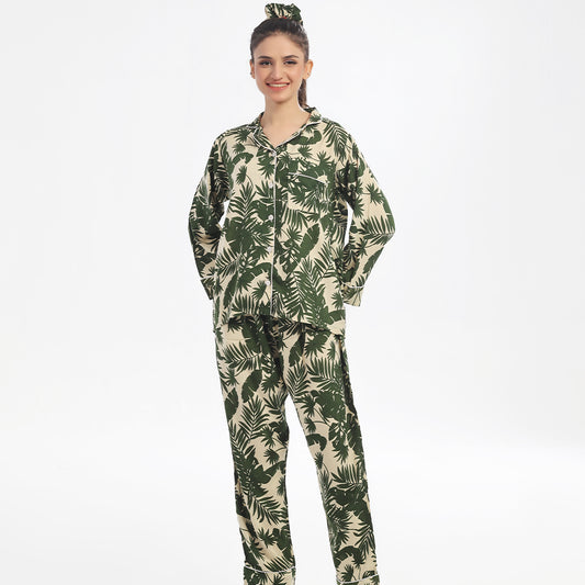 Sajiero Ivory Forest Linen Pajama Suit