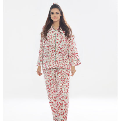 Sajiero Linen Pajama Suit - Ivory Flora