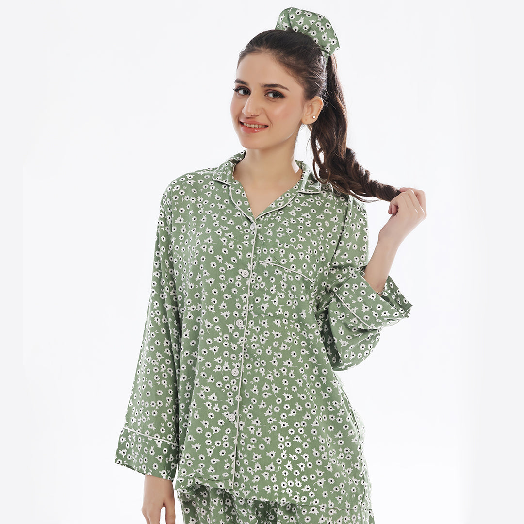 Sajiero Floral Olive Linen Pajama Suit