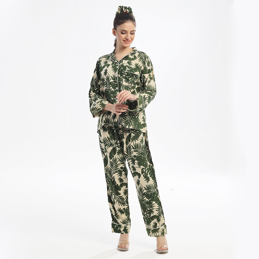 Sajiero Ivory Forest Linen Pajama Suit