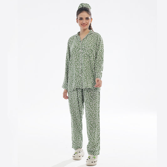 Sajiero Floral Olive Linen Pajama Suit