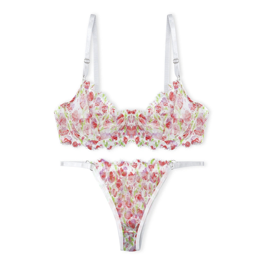 Sajiero White Floral Non Padded Bra and Panty Set