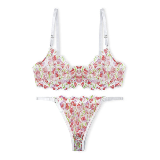 Sajiero White Floral Non Padded Bra and Panty Set