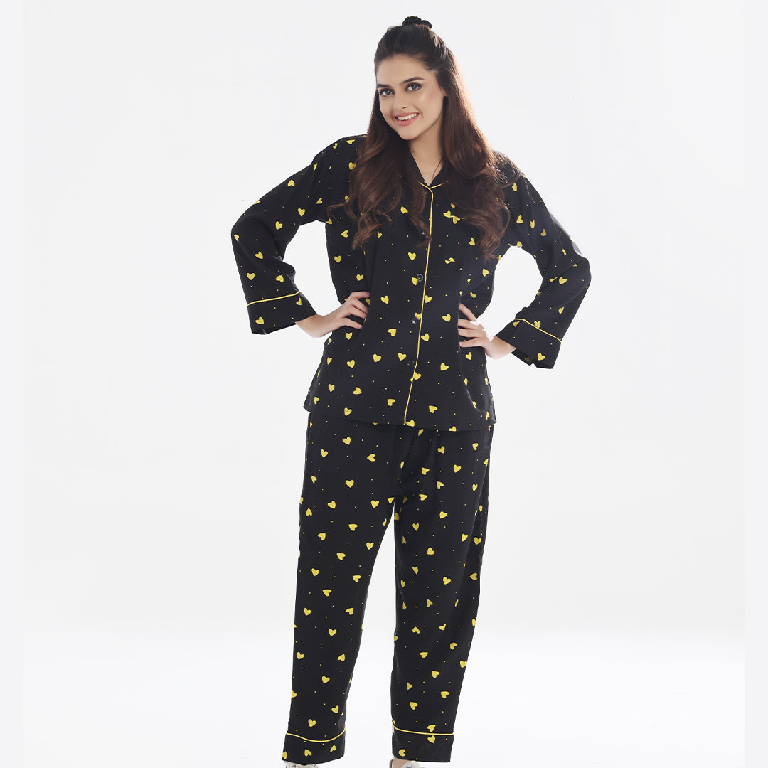 Sajiero Linen Pajama Suit - Yellow Hearts