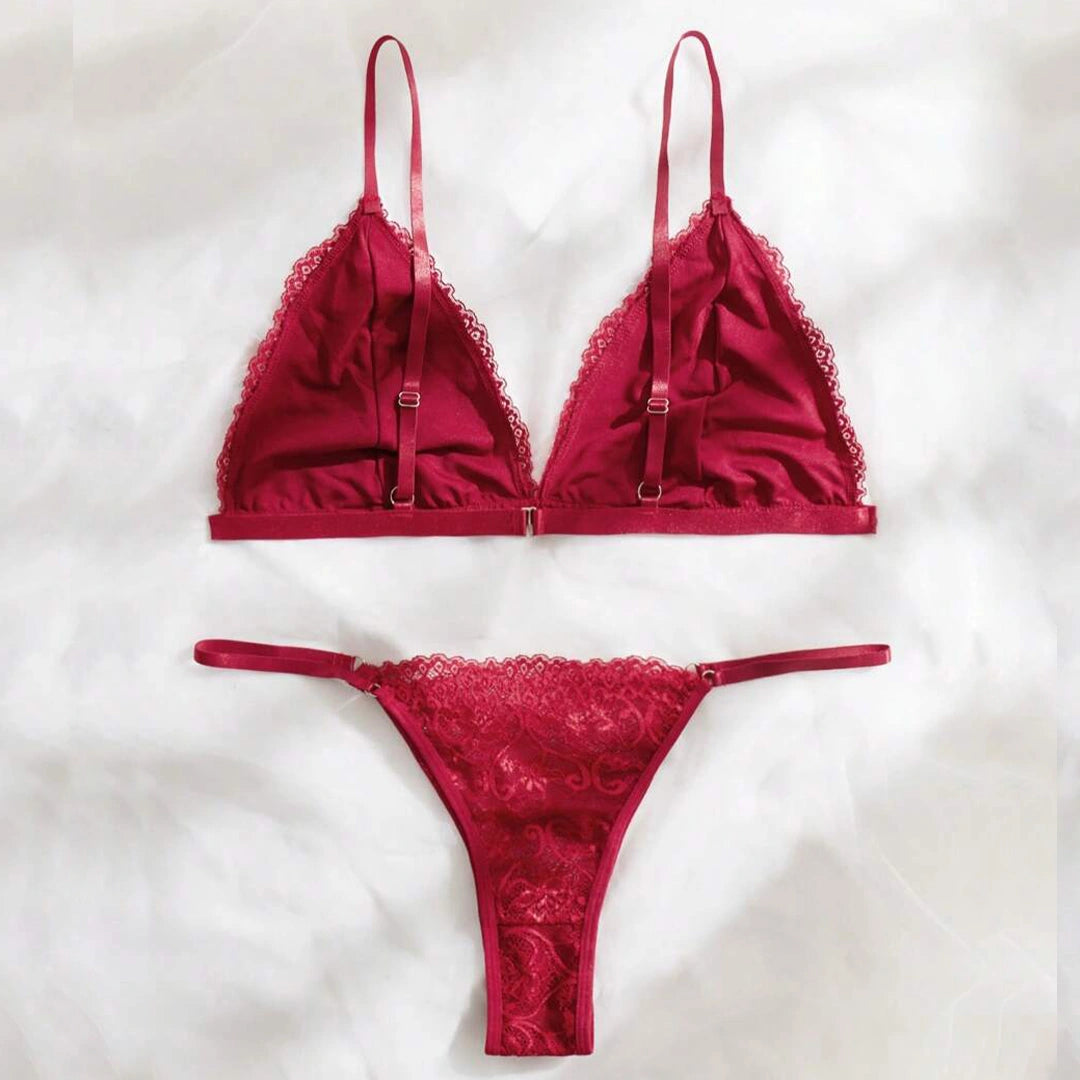 Sajiero Super Maroon Floral Embroidered Padded Bra and Panty Set