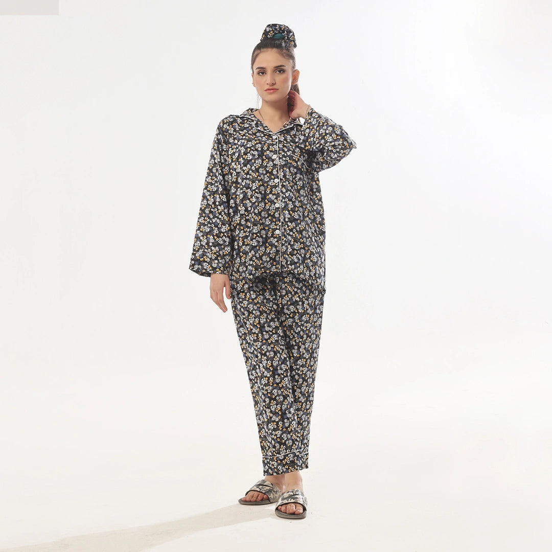 Sajiero Dark Petals Linen Pajama Suit