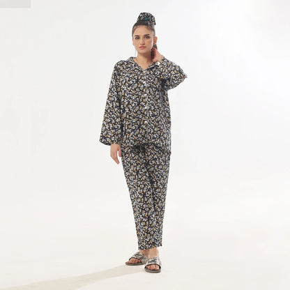 Sajiero Dark Petals Linen Pajama Suit