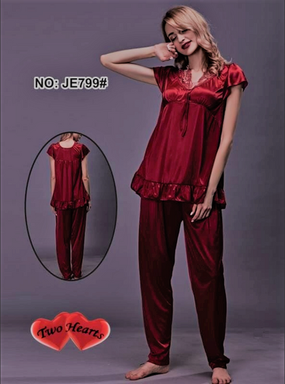 Sajiero Two Hearts 100% Silk Pajama Suit