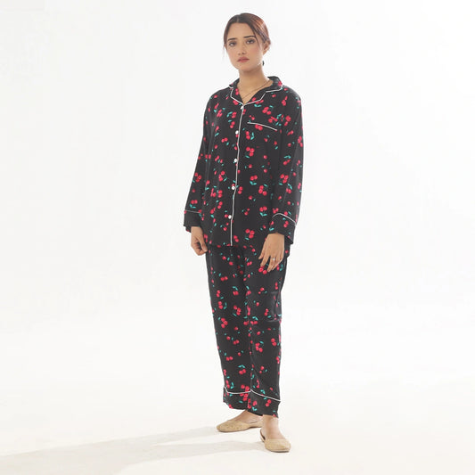 Sajiero Cherry Linen Pajama Suit