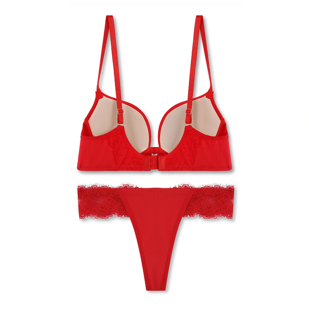 Sajiero Charming Red Embroidered Padded Bra and Panty Set