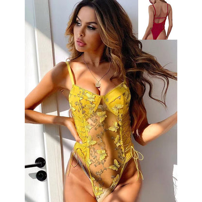 Sajiero Butterfly Embroidered Transparent Bodysuit