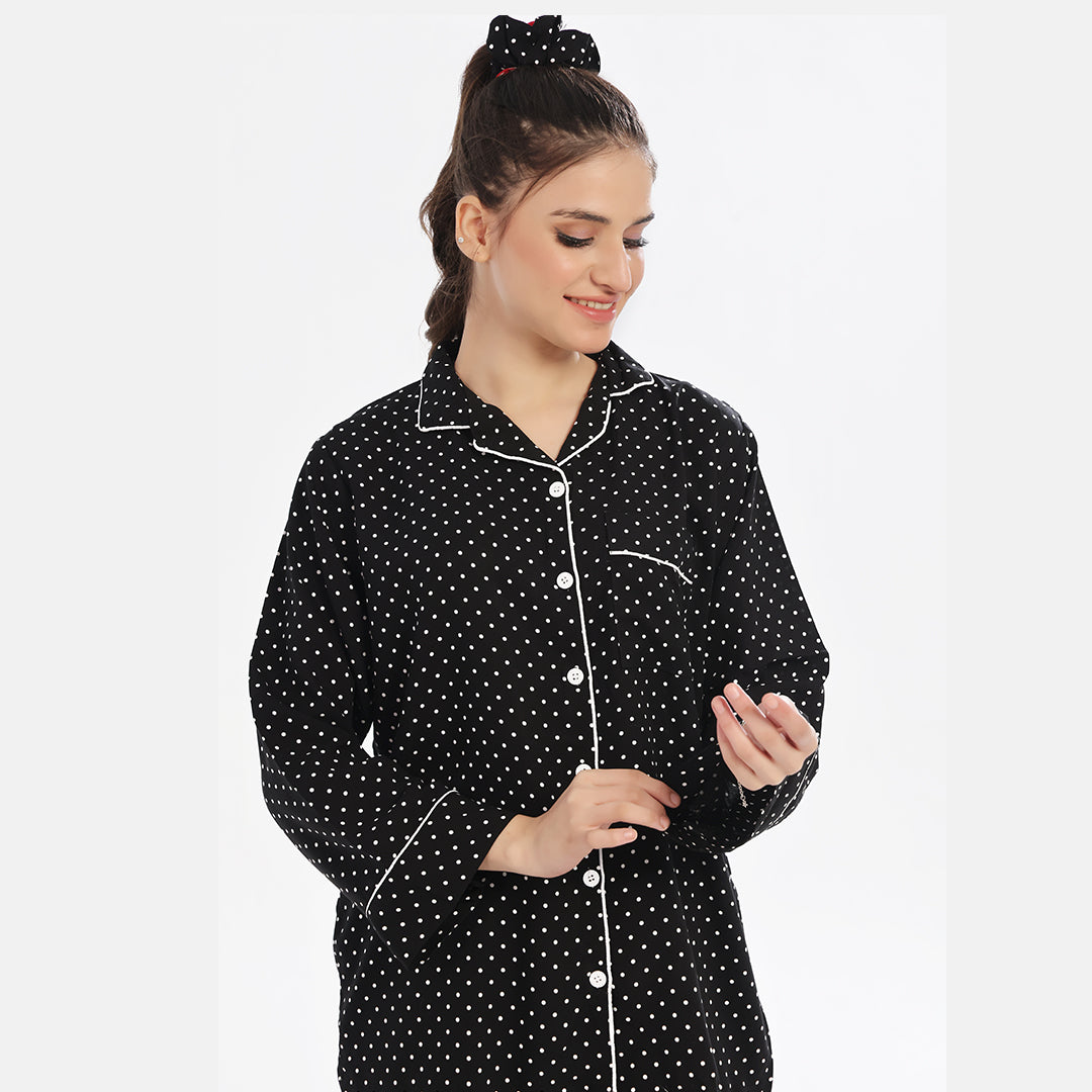 Sajiero White Polka Dots Linen Pajama Suit