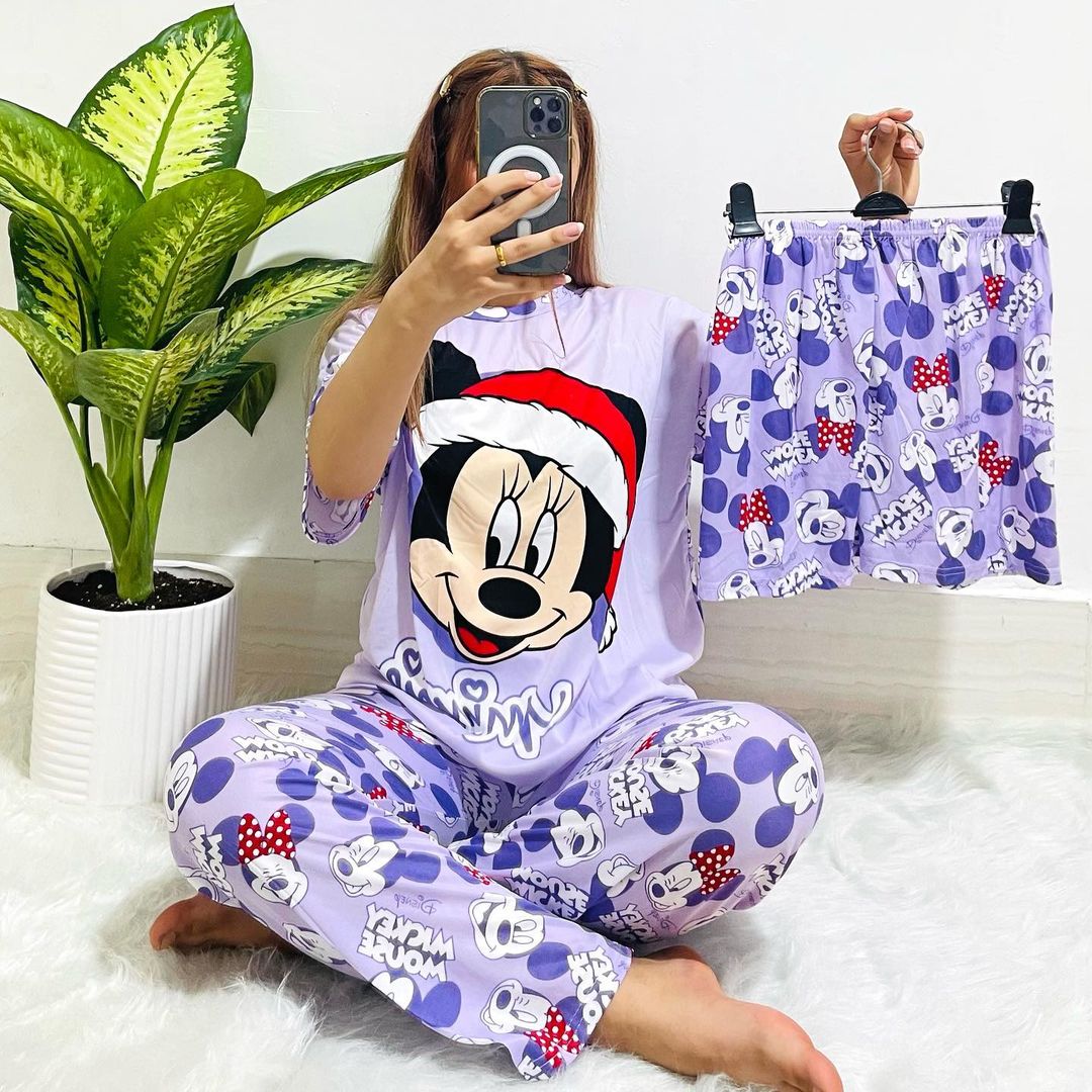 Sajiero Noise Cotton 3 Piece Printed Pajama Suit Micky