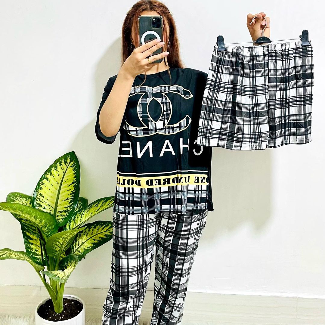 Sajiero Noise Cotton 3 Piece Printed Pajama Suit Grey