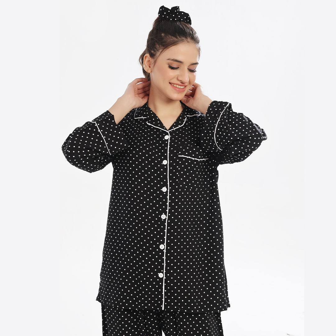 Sajiero White Polka Dots Linen Pajama Suit