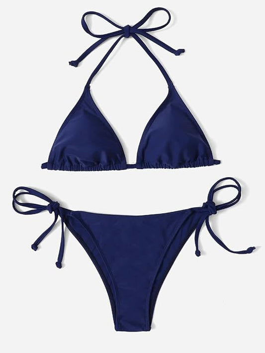 Sajiero Heat Navy Blue Padded String Ribbed Bikini