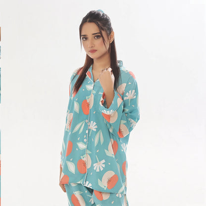 Sajiero Hawaiian Blue Linen Pajama Suit