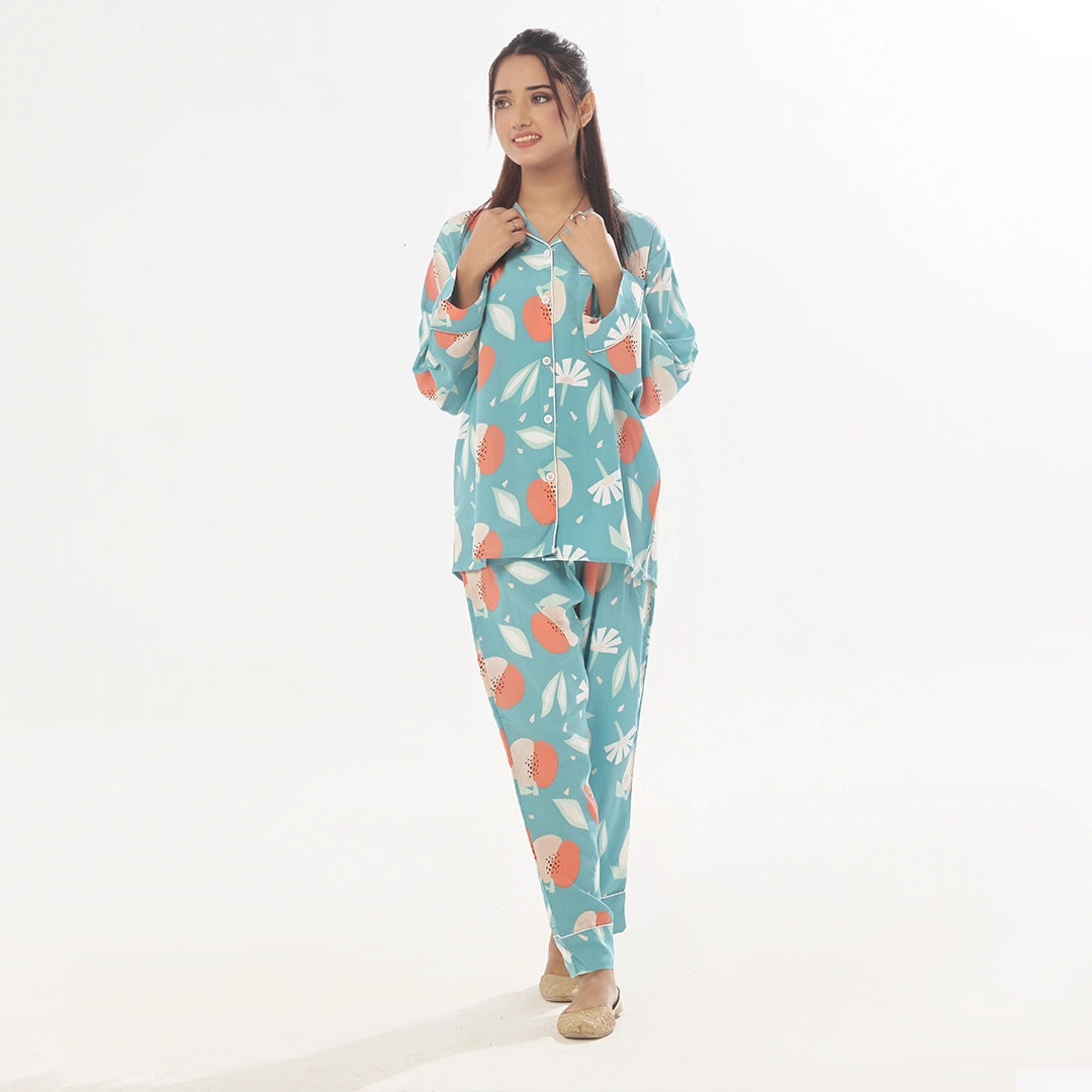 Sajiero Hawaiian Blue Linen Pajama Suit