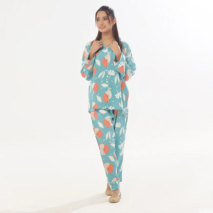 Sajiero Hawaiian Blue Linen Pajama Suit