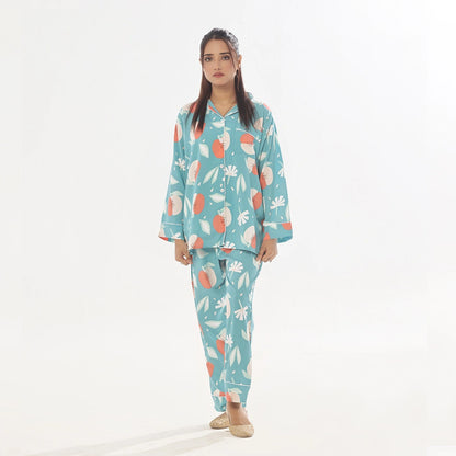 Sajiero Hawaiian Blue Linen Pajama Suit