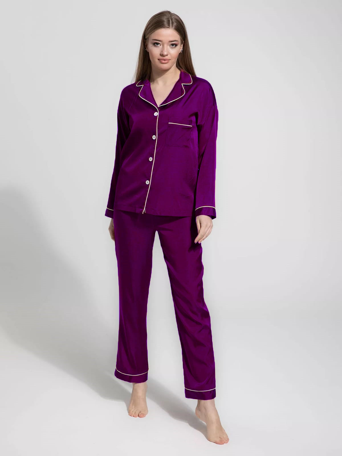 Sajiero Galaxy Pearl Pajama Silk Night Suit With Scrunchie for Women