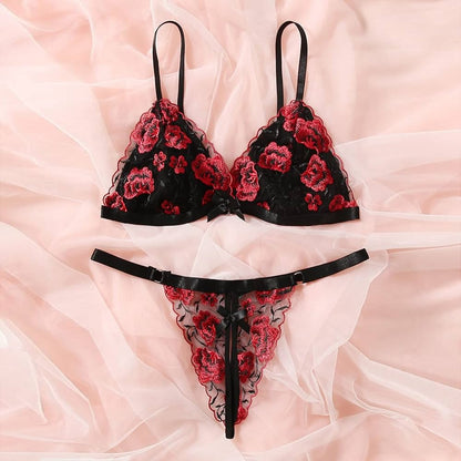 Sajiero Rose Red Erotic Embroidered Padded Bra and Panty Set